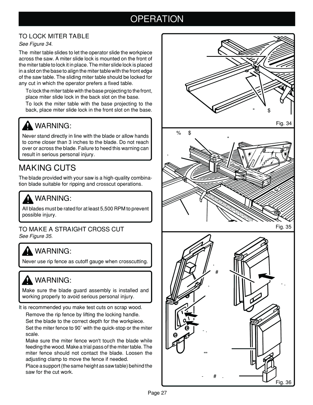 Ryobi SAW BT3100 manual To Lock Miter Table, To Make a Straight Cross CUT, Miter Slide Lock Slots for Locking Miter Table 