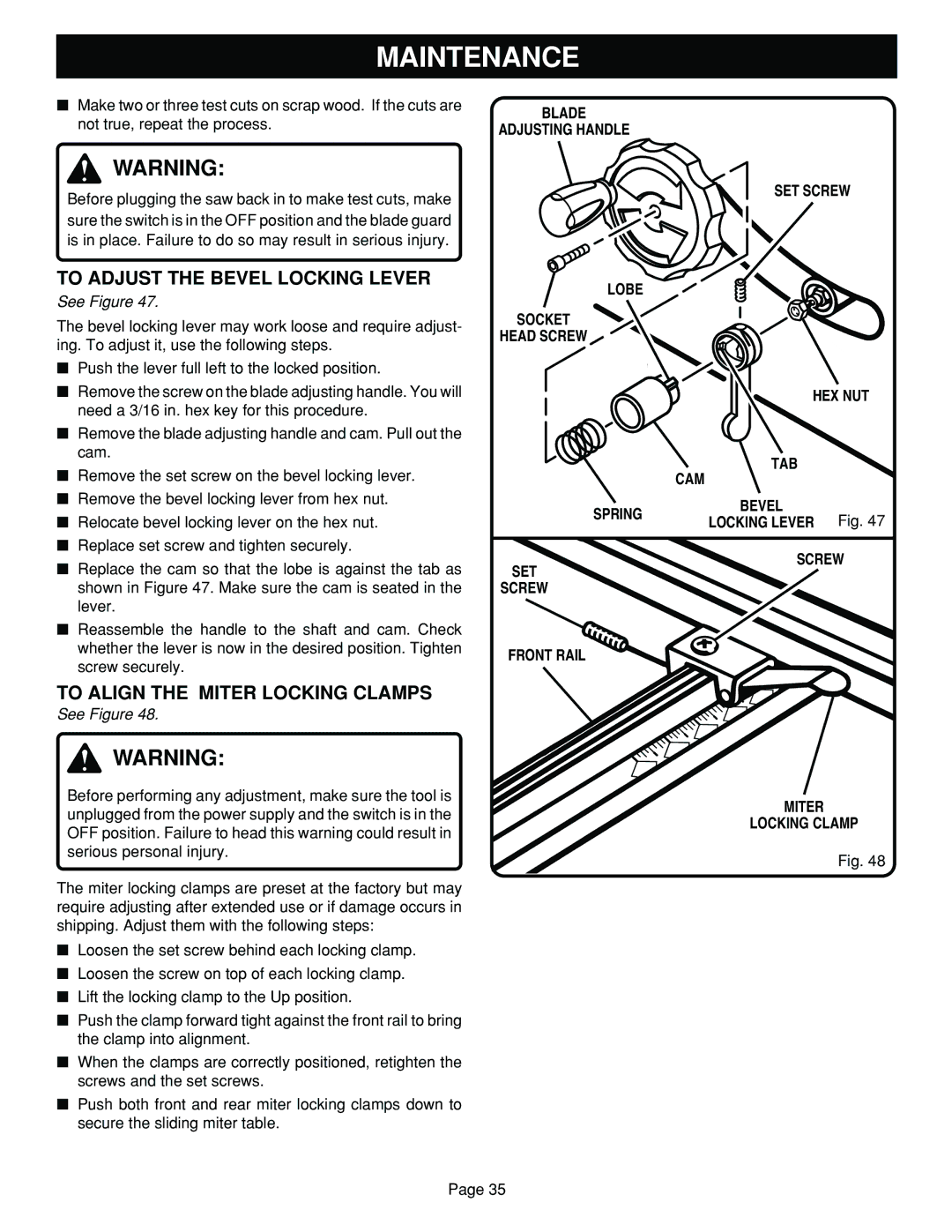 Ryobi SAW BT3100 manual To Adjust the Bevel Locking Lever, To Align the Miter Locking Clamps 