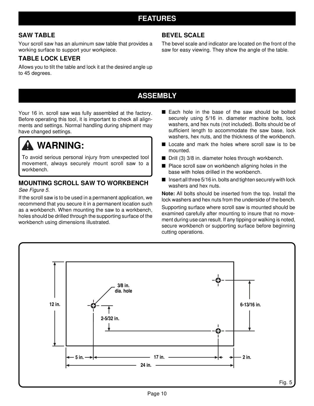 Ryobi SC155VS specifications Assembly, SAW Table, Table Lock Lever, Bevel Scale, Mounting Scroll SAW to Workbench 