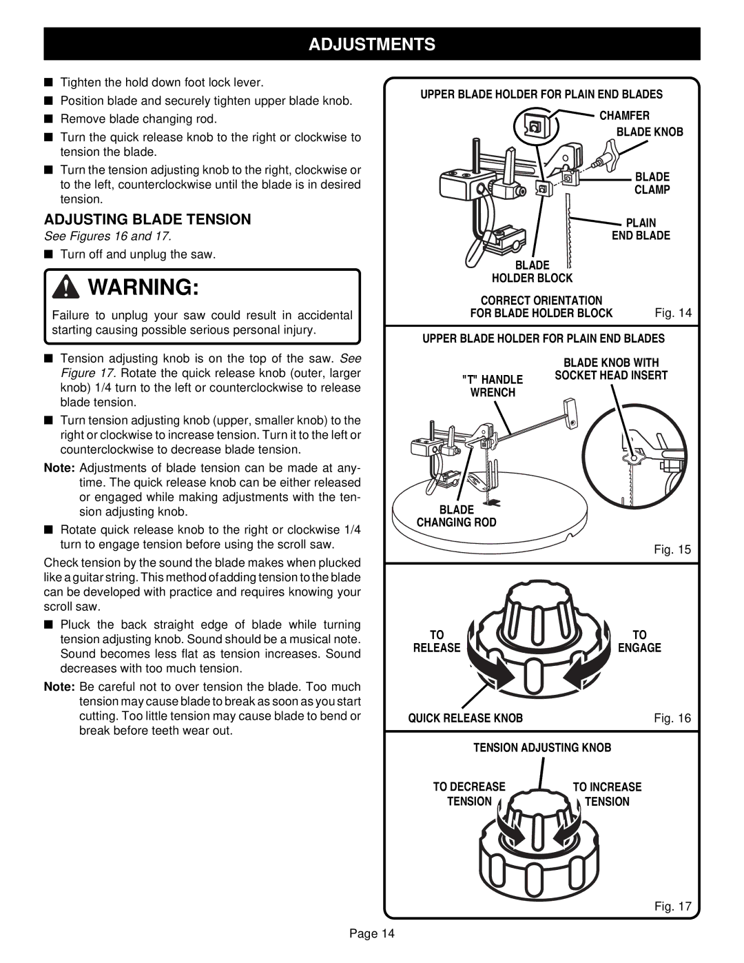 Ryobi SC155VS specifications Adjusting Blade Tension, See Figures 16, Quick Release Knob Tension Adjusting Knob 