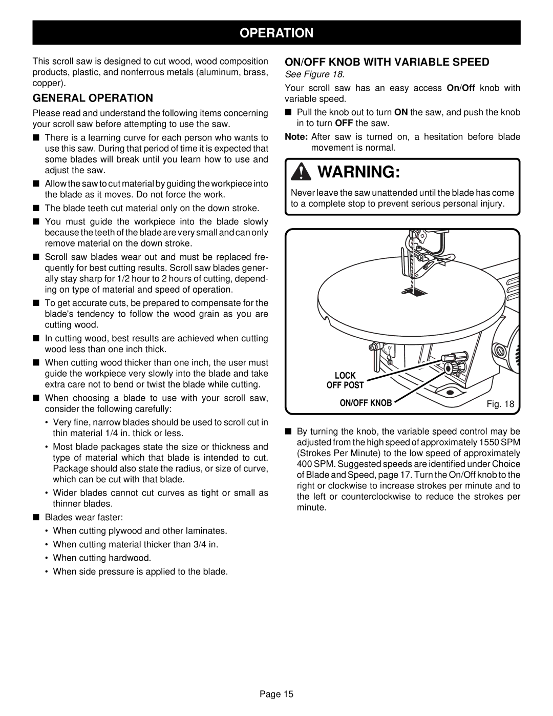 Ryobi SC155VS specifications General Operation, Lock OFF Post ON/OFF Knob 