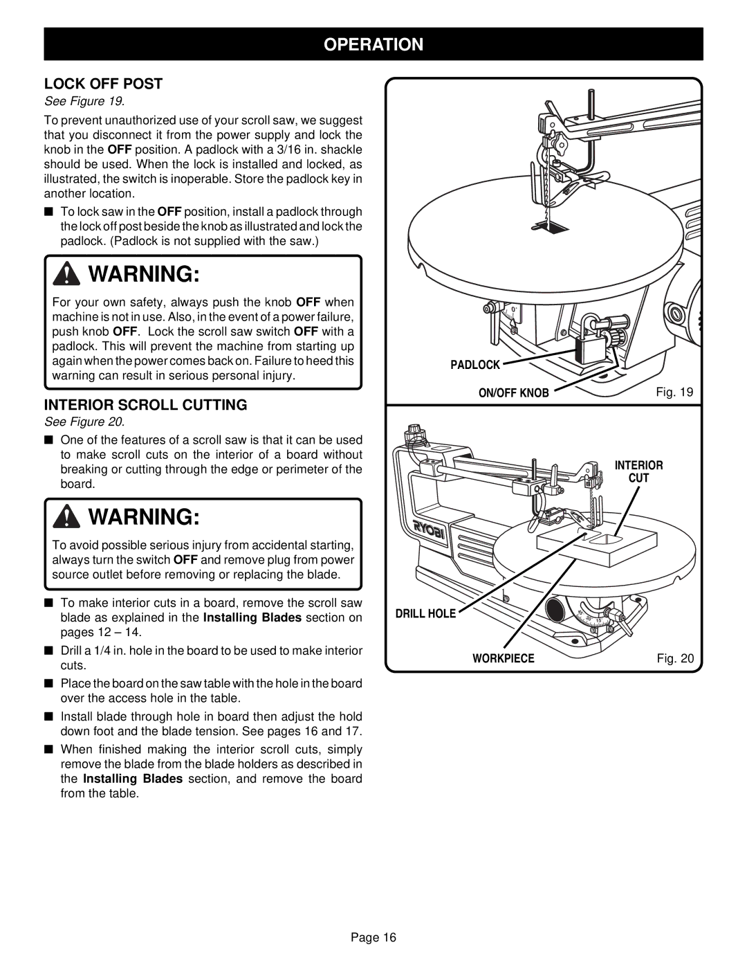 Ryobi SC155VS specifications Interior Scroll Cutting, Padlock ON/OFF Knob Interior CUT Drill Hole, Workpiece 