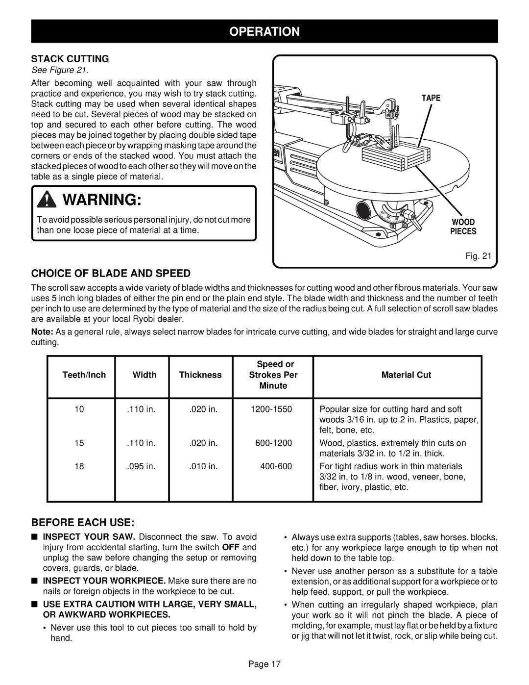 Ryobi SC155VS specifications Choice of Blade and Speed, Before Each USE, Tape, Wood Pieces 