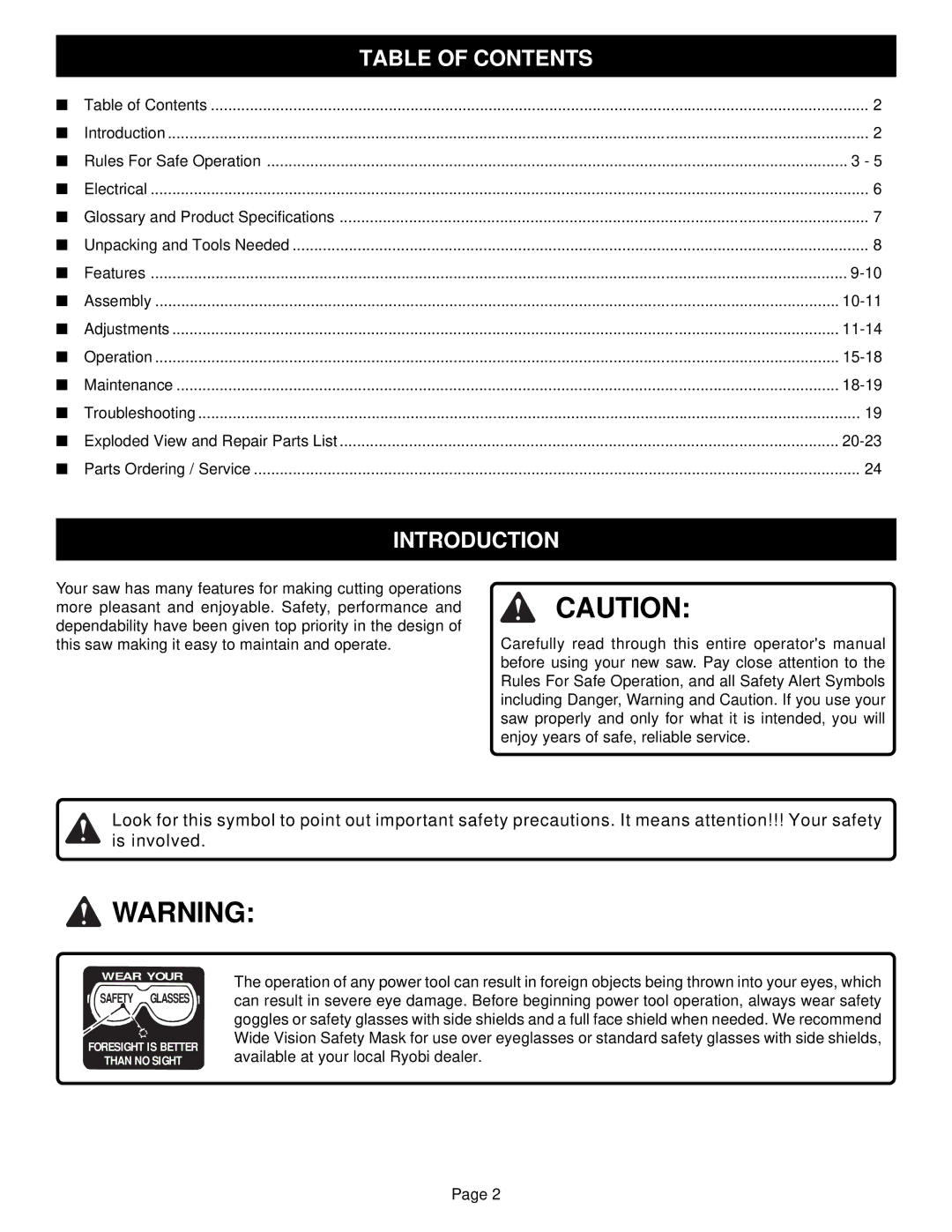 Ryobi SC155VS specifications Introduction, Table of Contents 