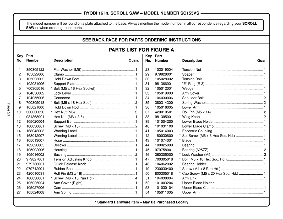 Ryobi SC155VS specifications See Back page for Parts Ordering Instructions, Key Part Number Description Quan 