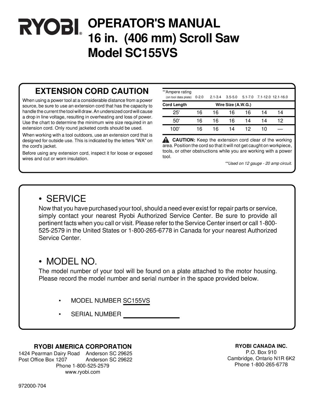 Ryobi SC155VS specifications Ryobi America Corporation, Ryobi Canada INC 