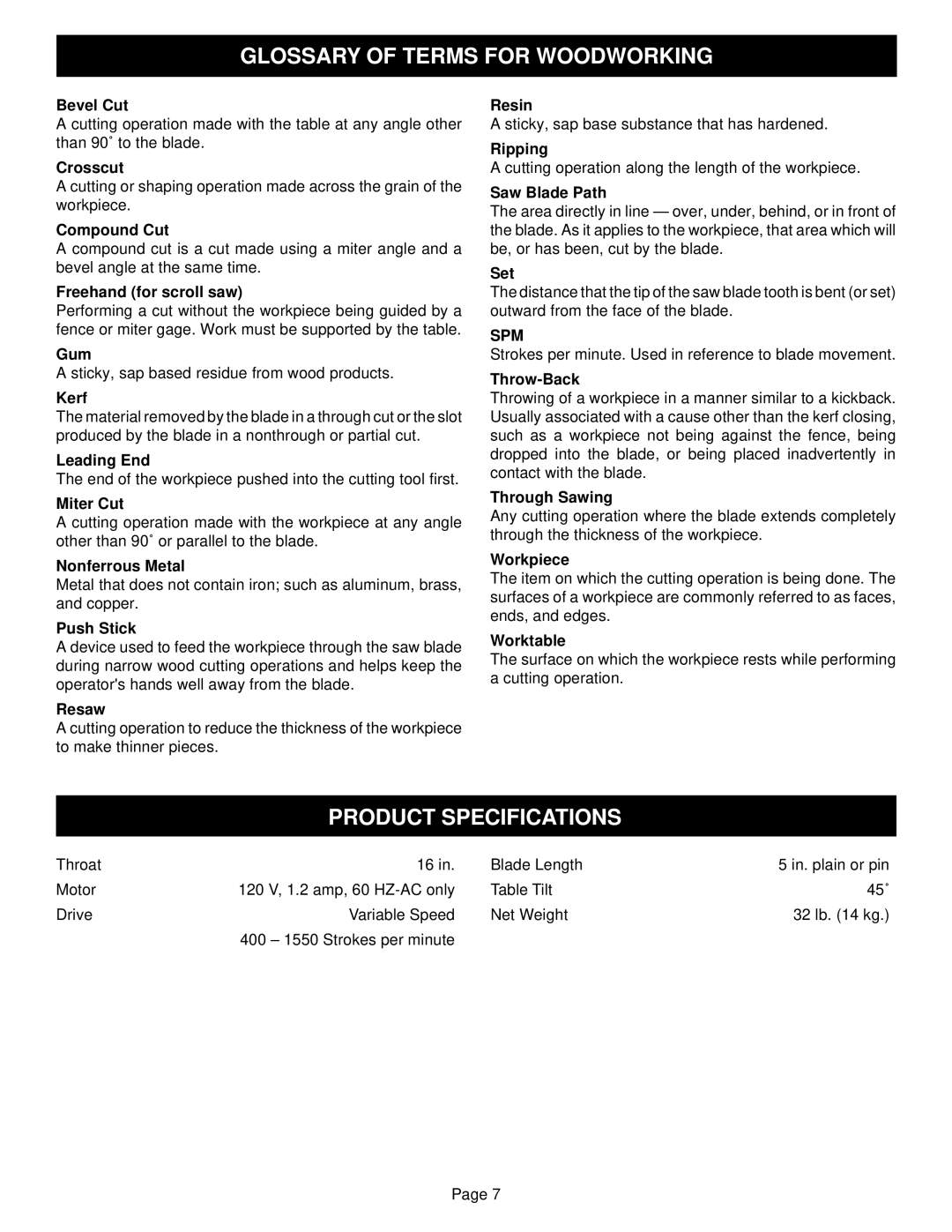 Ryobi SC155VS specifications Glossary of Terms for Woodworking, Product Specifications, Spm 