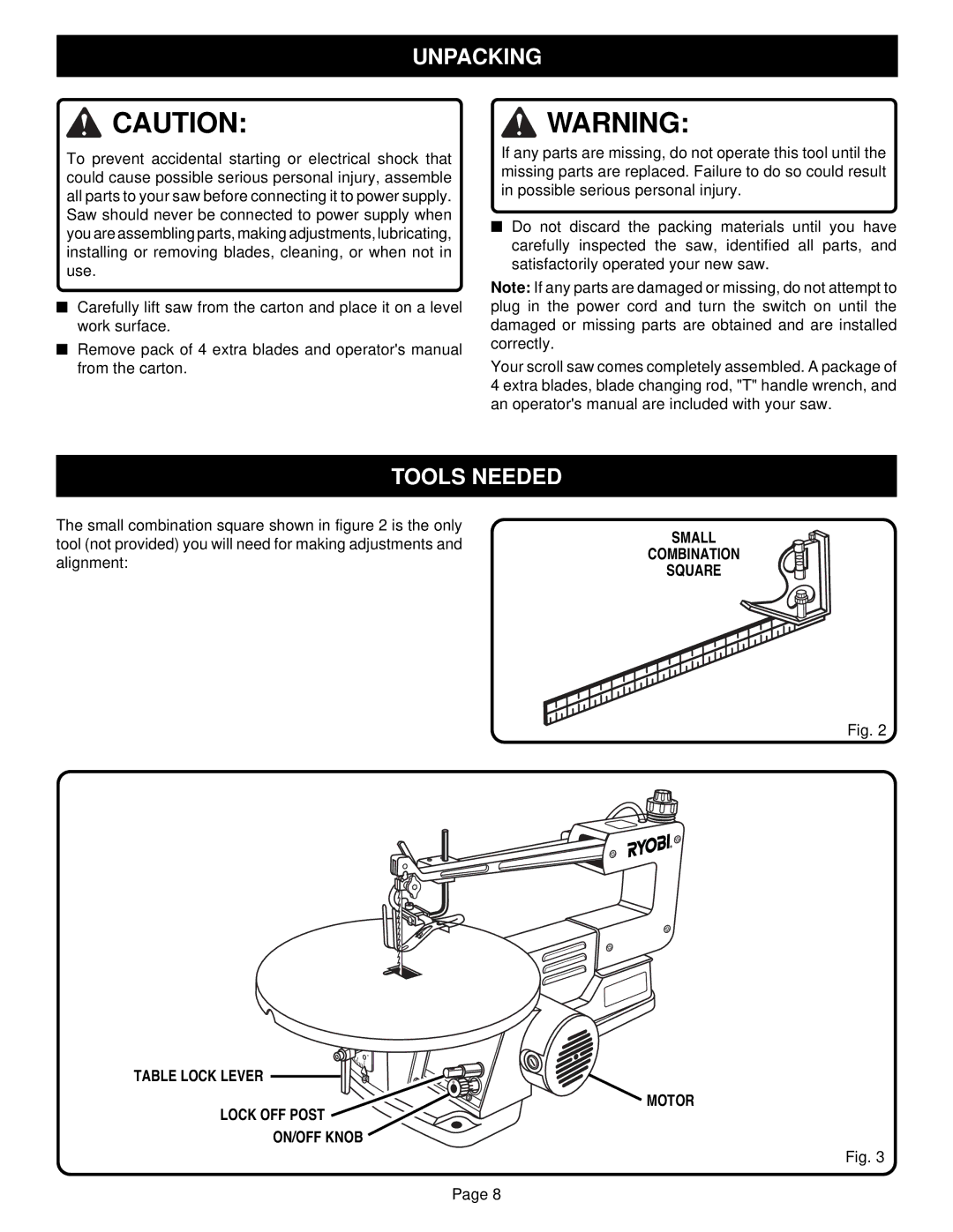 Ryobi SC155VS specifications Unpacking, Tools Needed 