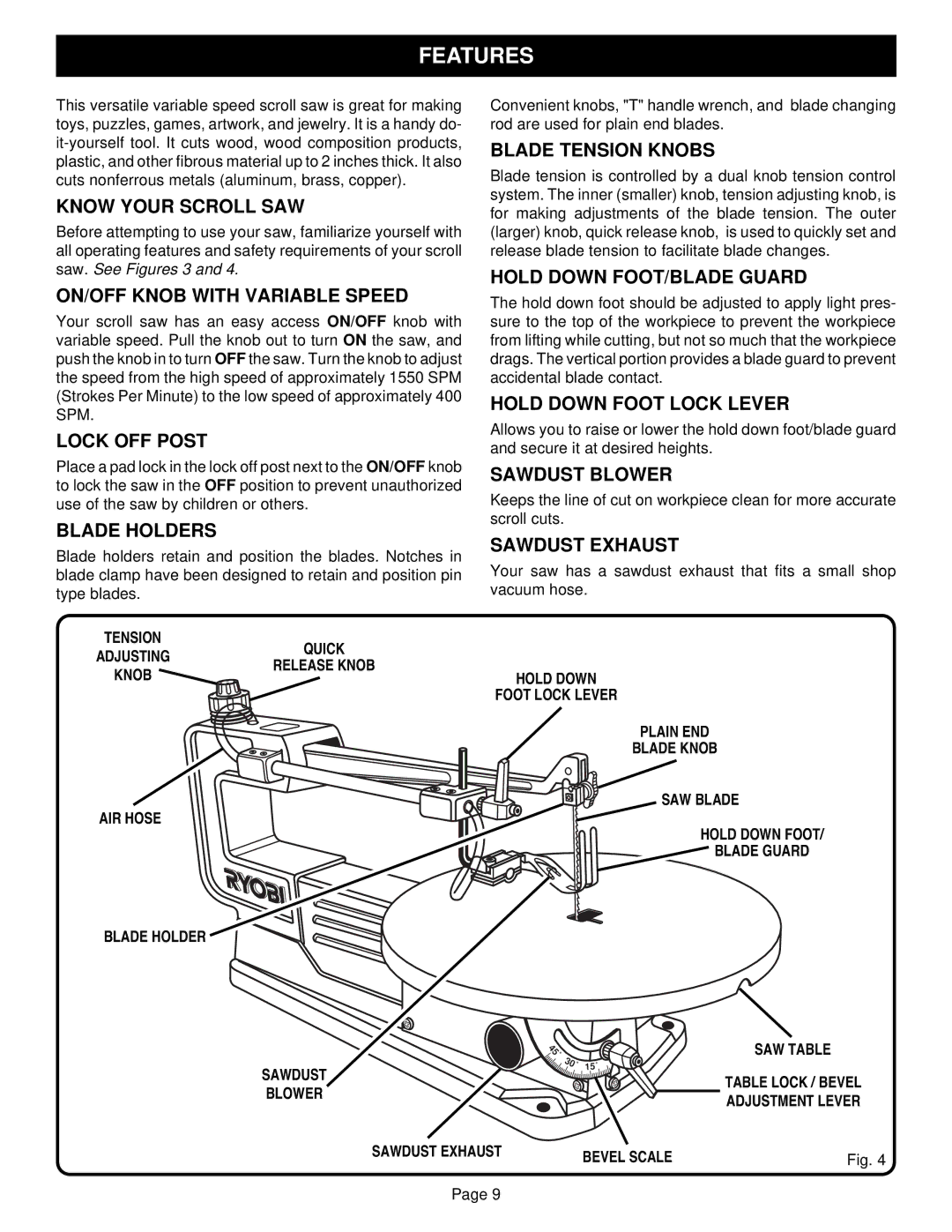 Ryobi SC155VS specifications Features 