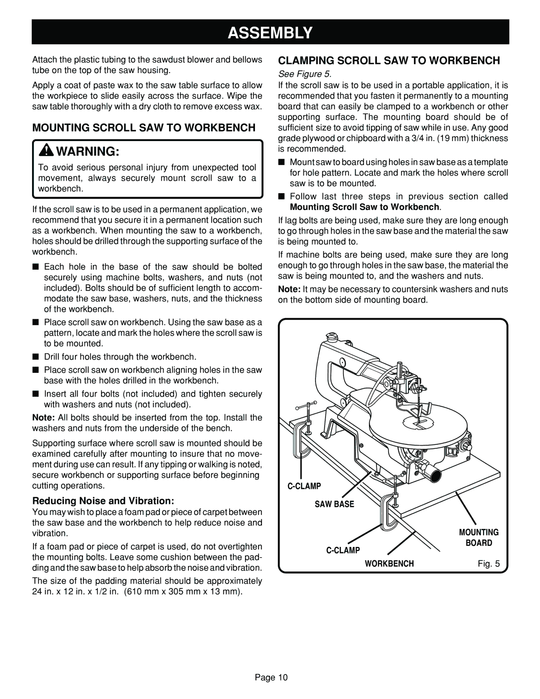 Ryobi SC164VS warranty Assembly, Mounting Scroll SAW to Workbench, Clamping Scroll SAW to Workbench 