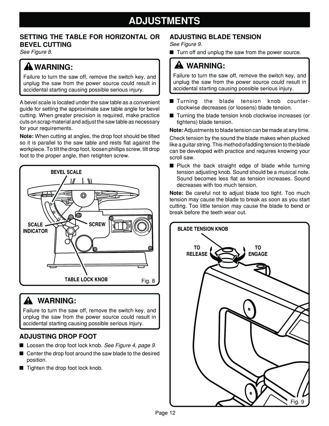 Ryobi SC164VS warranty Adjusting Drop Foot, Bevel Scale Screw, Indicator Table Lock Knob, Blade Tension Knob 