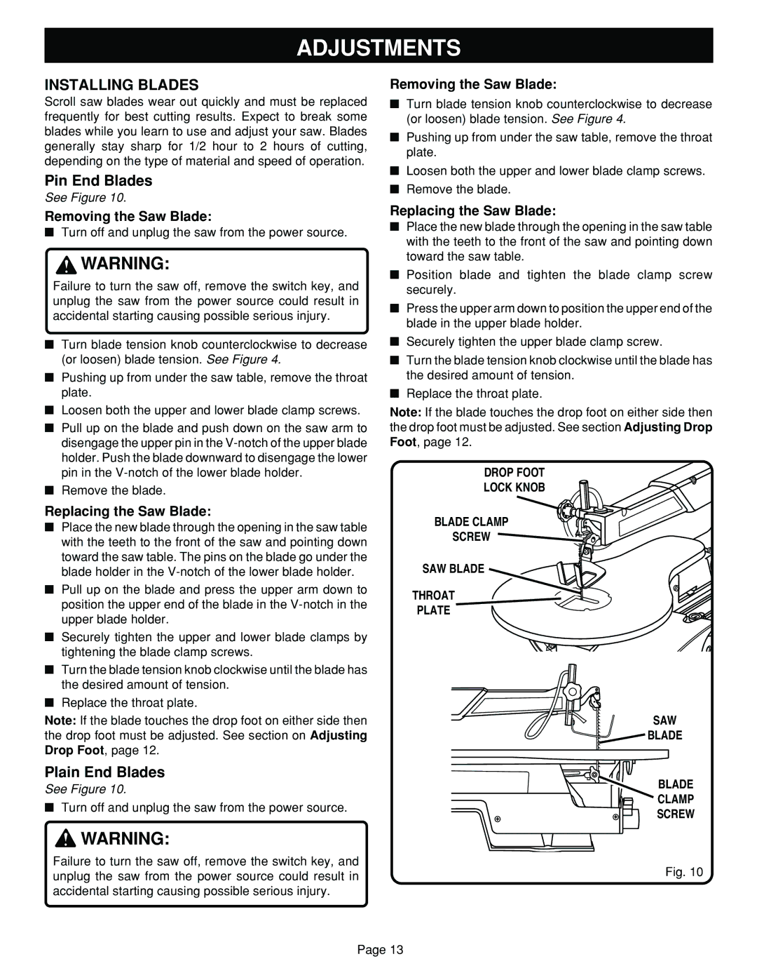 Ryobi SC164VS warranty Installing Blades, Drop Foot Lock Knob Blade Clamp Screw SAW Blade Throat Plate 