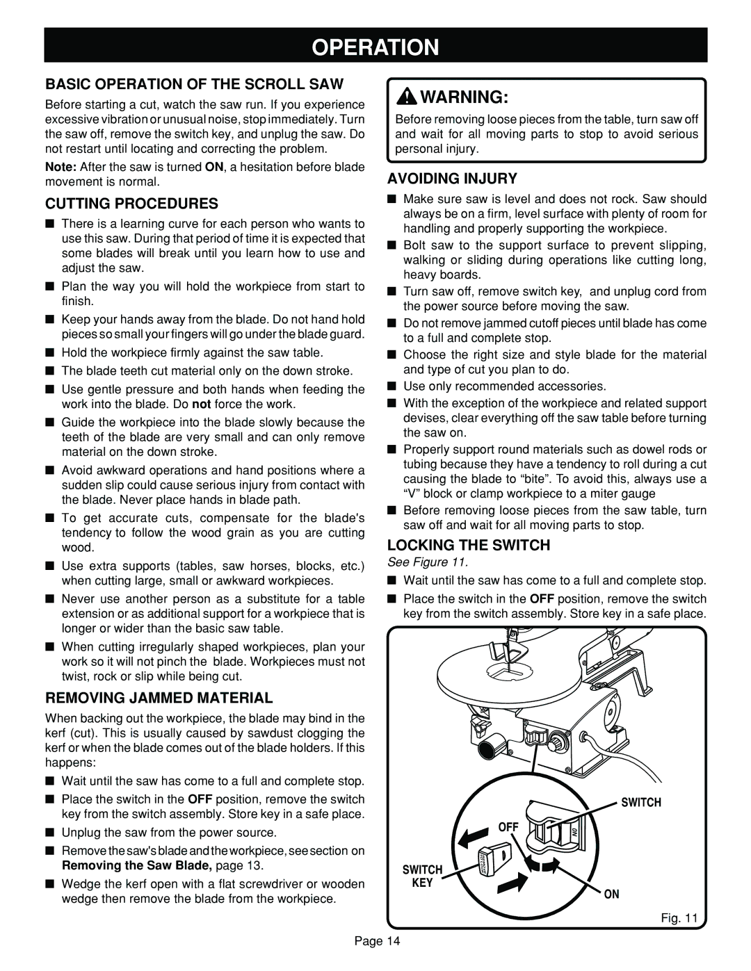 Ryobi SC164VS warranty Operation 