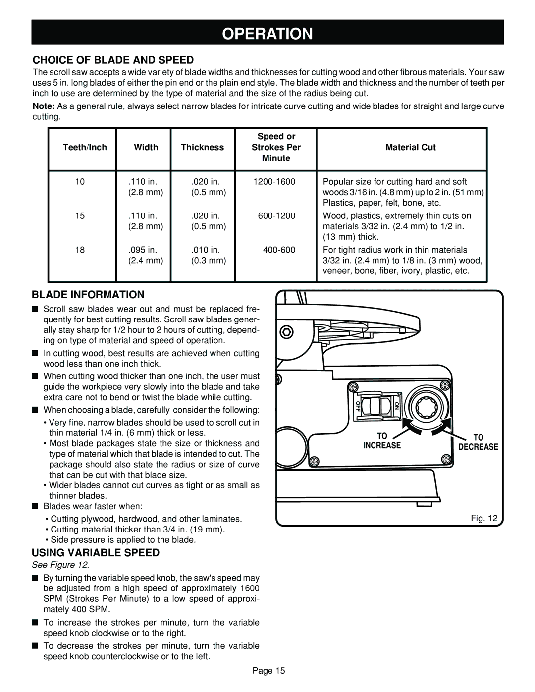 Ryobi SC164VS warranty Choice of Blade and Speed, Blade Information, Using Variable Speed 