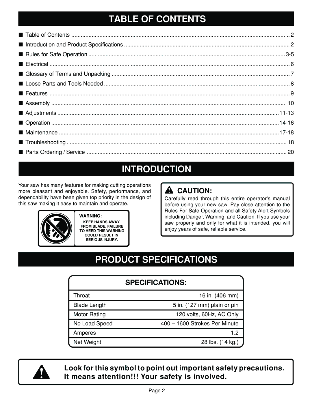 Ryobi SC164VS warranty Table of Contents, Introduction, Product Specifications 