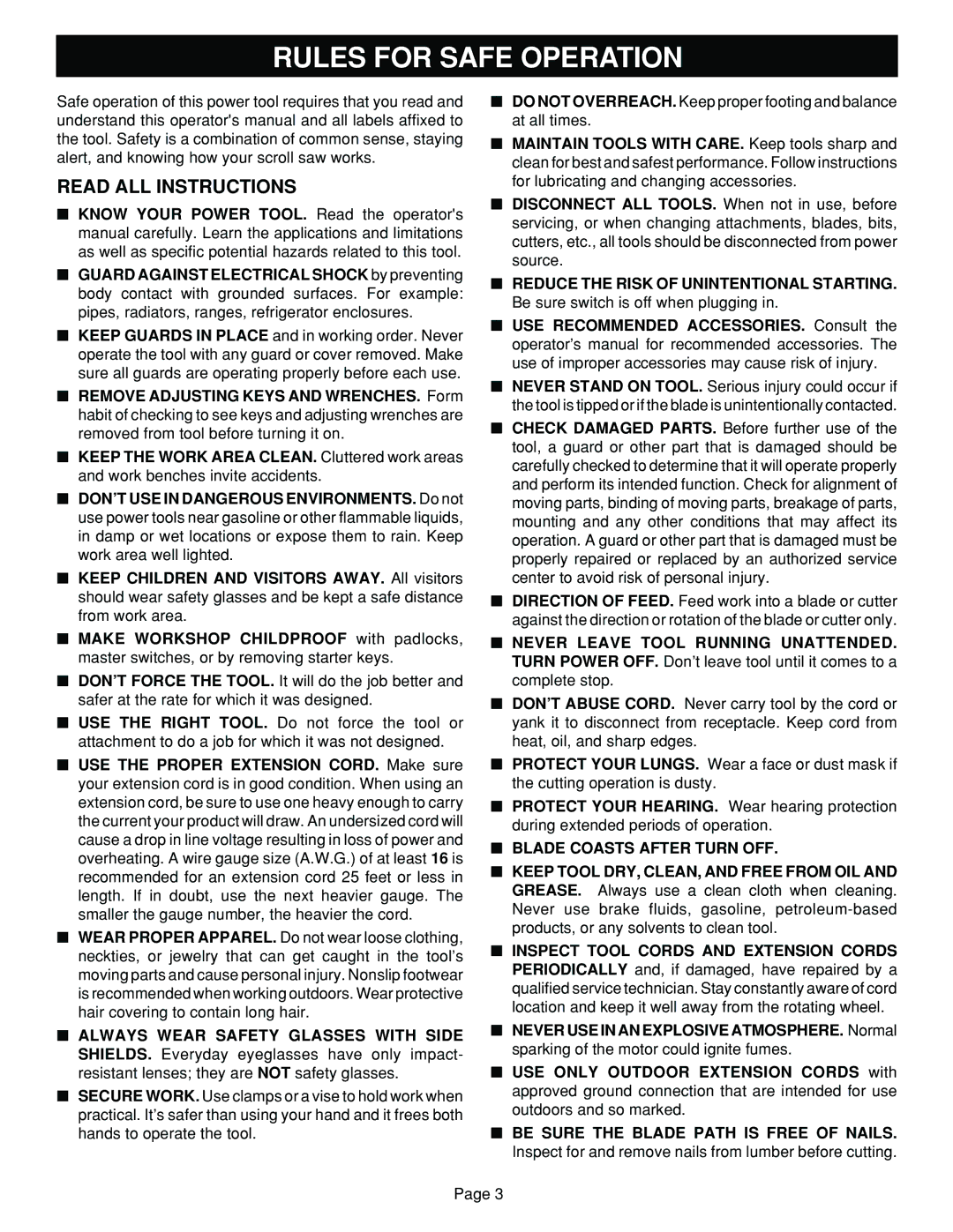 Ryobi SC164VS warranty Rules for Safe Operation, Read ALL Instructions, Blade Coasts After Turn OFF 