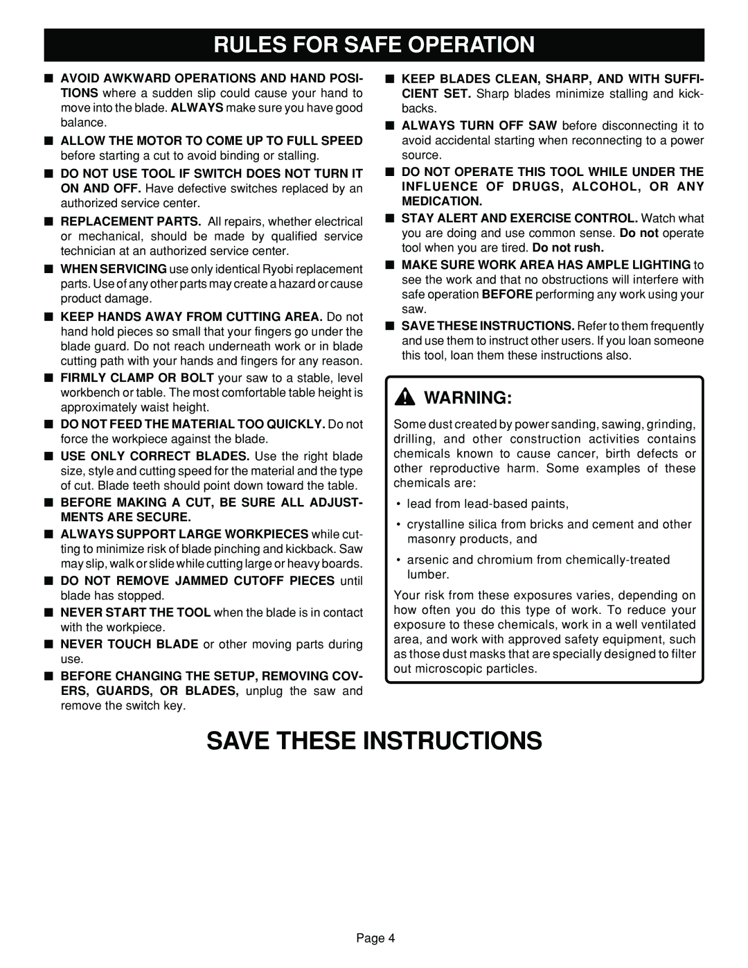 Ryobi SC164VS warranty Before Making a CUT, be Sure ALL ADJUST- Ments are Secure 