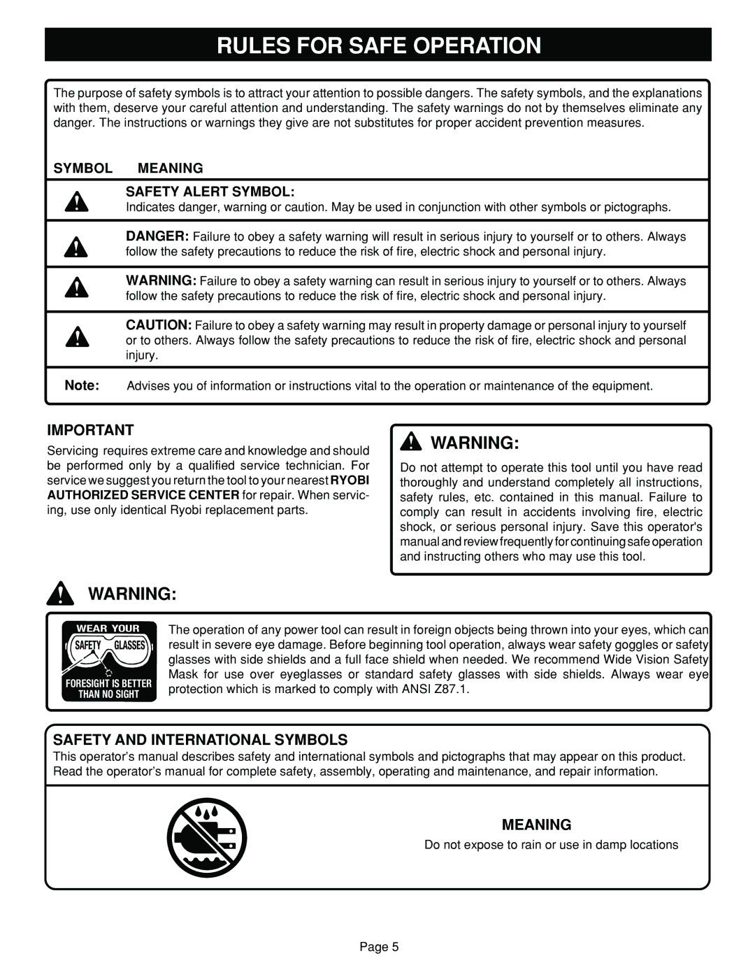 Ryobi SC164VS warranty Safety and International Symbols, Meaning 