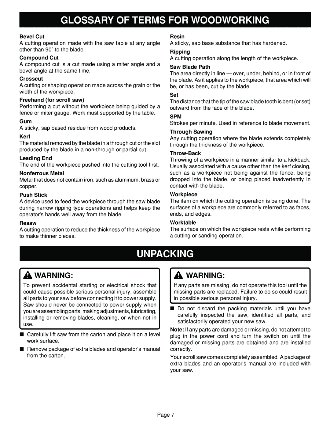 Ryobi SC164VS warranty Glossary of Terms for Woodworking, Unpacking, Spm 