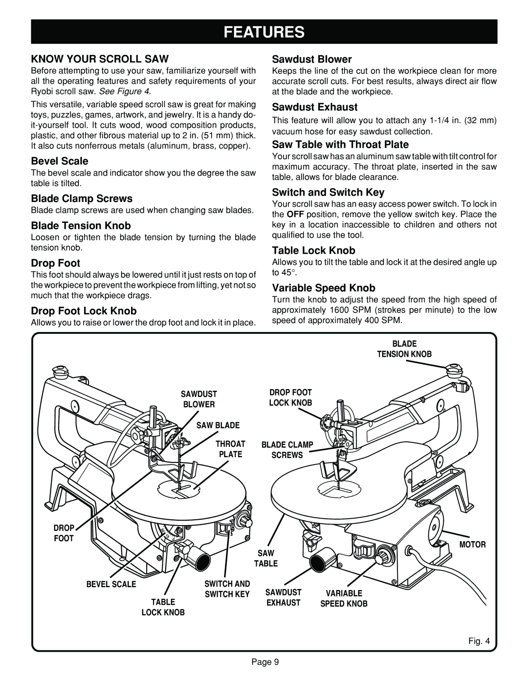 Ryobi SC164VS warranty Features, Know Your Scroll SAW 