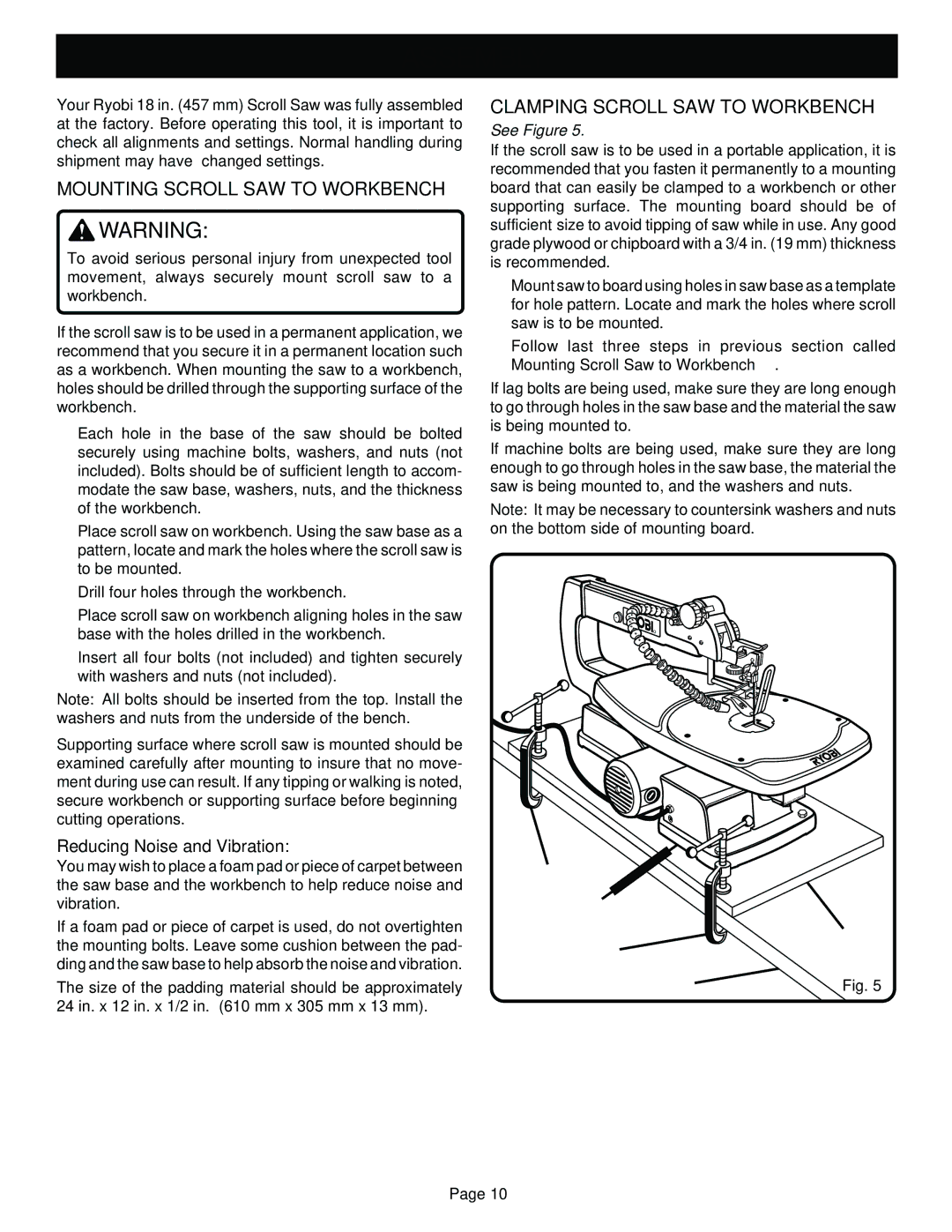 Ryobi SC180VS manual Assembly, Mounting Scroll SAW to Workbench, Clamping Scroll SAW to Workbench 