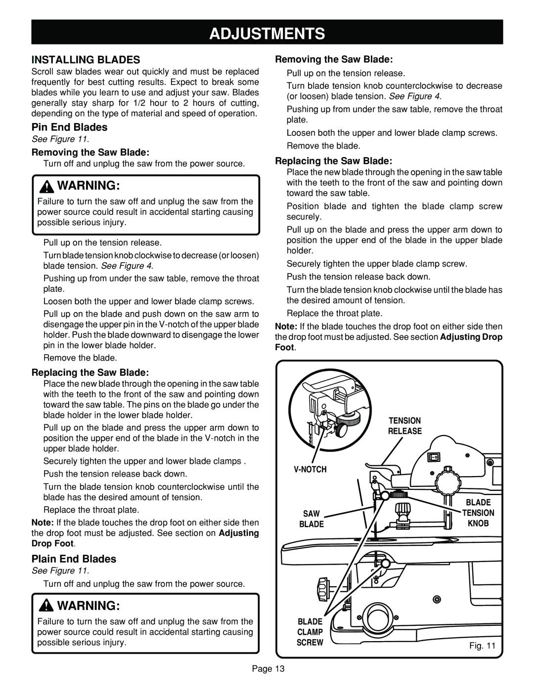 Ryobi SC180VS manual Installing Blades, Tension, Release, Blade Clamp Screw 