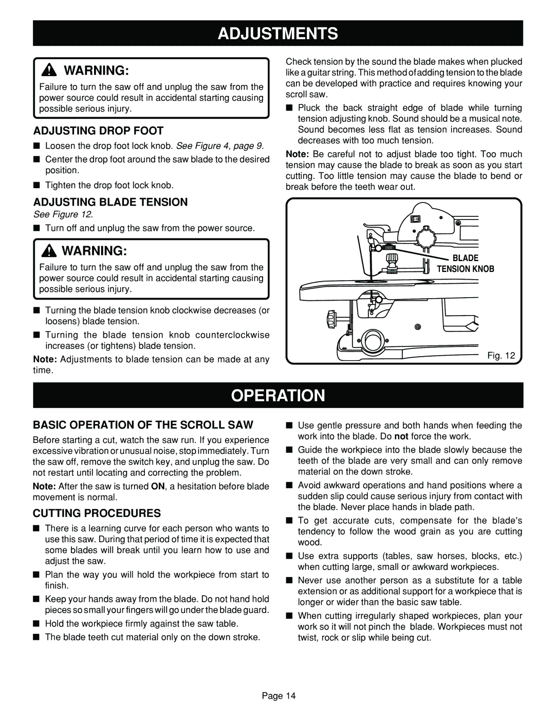 Ryobi SC180VS Adjusting Drop Foot, Adjusting Blade Tension, Basic Operation of the Scroll SAW, Cutting Procedures 