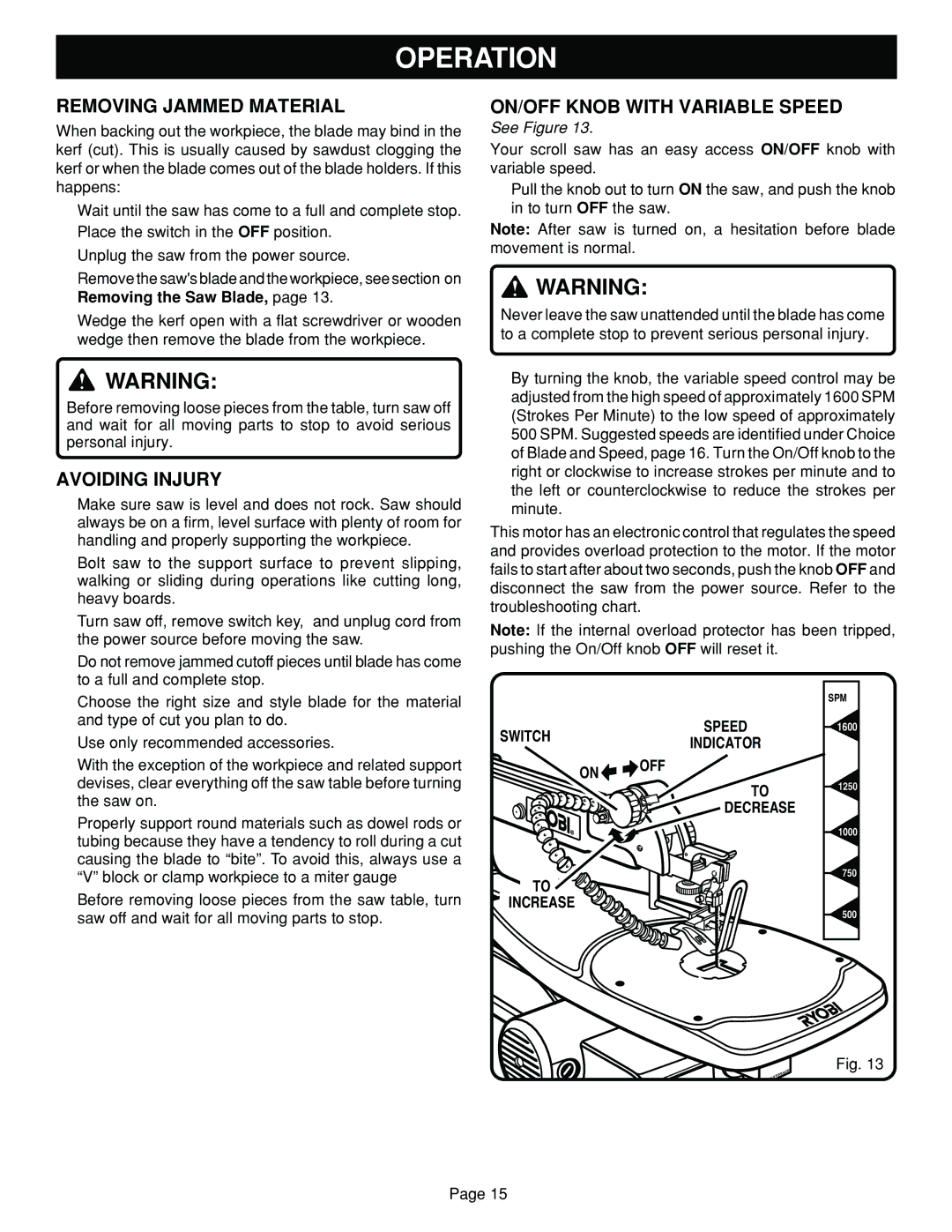 Ryobi SC180VS manual Removing Jammed Material, Avoiding Injury, ON/OFF Knob with Variable Speed 