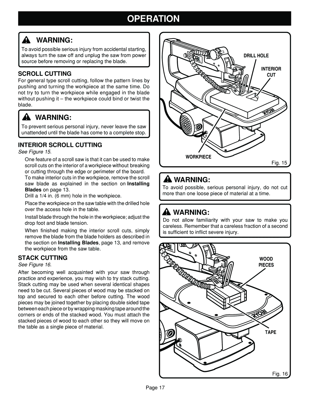 Ryobi SC180VS manual Interior Scroll Cutting, Stack Cutting 