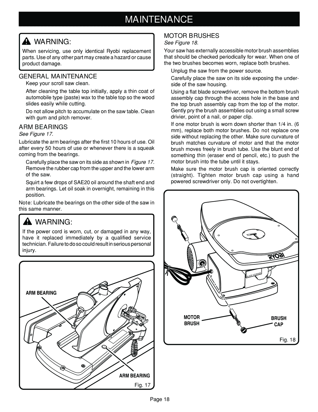 Ryobi SC180VS manual General Maintenance, ARM Bearings, Motor Brushes 