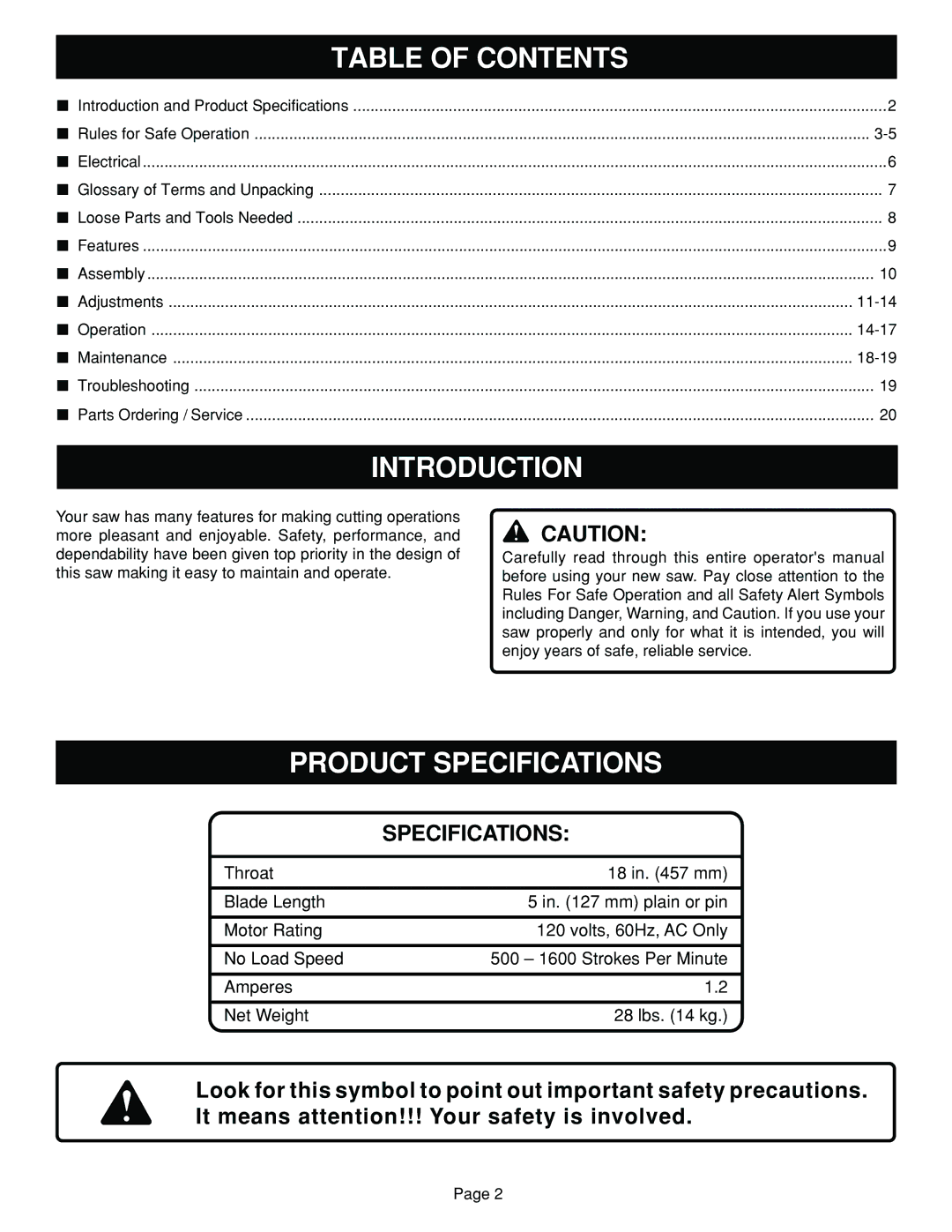 Ryobi SC180VS manual Table of Contents, Introduction, Product Specifications 