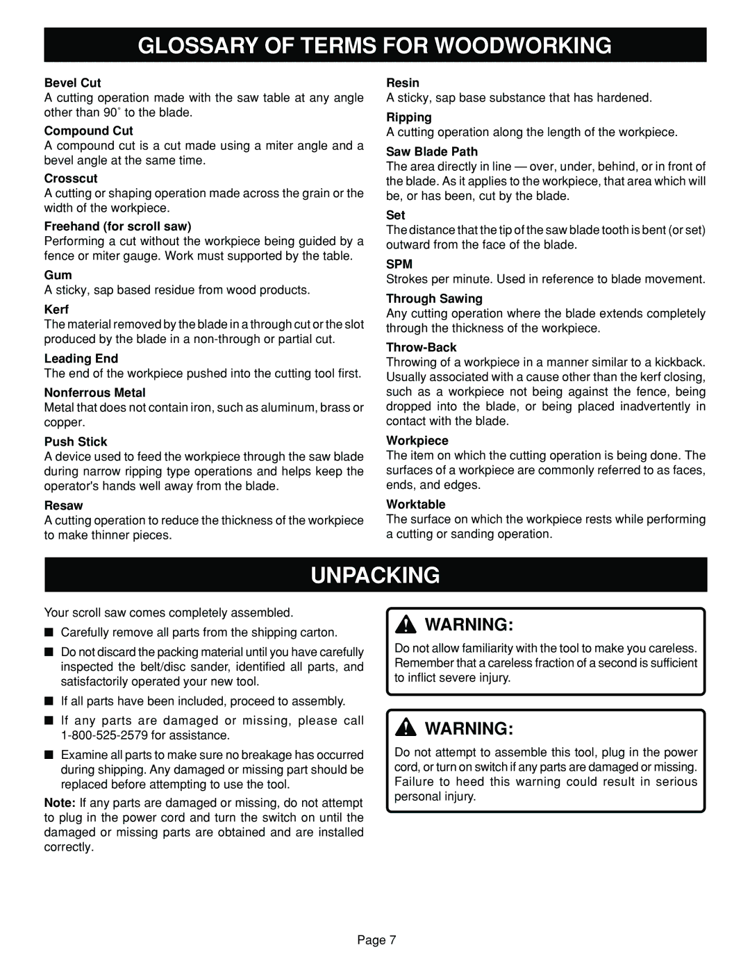 Ryobi SC180VS manual Glossary of Terms for Woodworking, Unpacking, Spm 