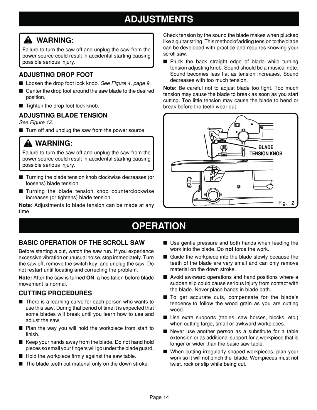 Ryobi SC180VS Adjusting Drop Foot, Adjusting Blade Tension, Basic Operation Of The Scroll Saw, Cutting Procedures 