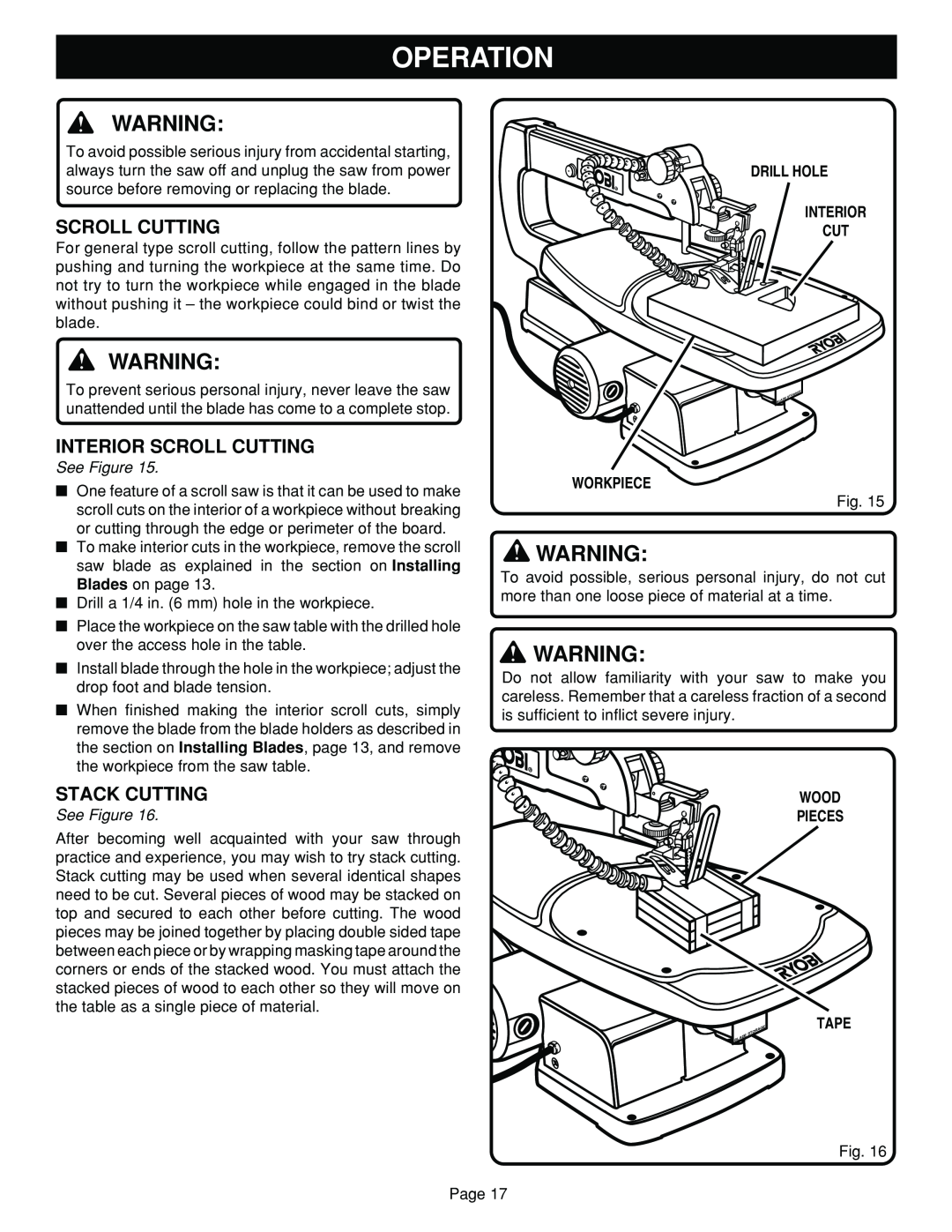 Ryobi SC180VS manual Interior Scroll Cutting, Stack Cutting, Operation, See Figure 