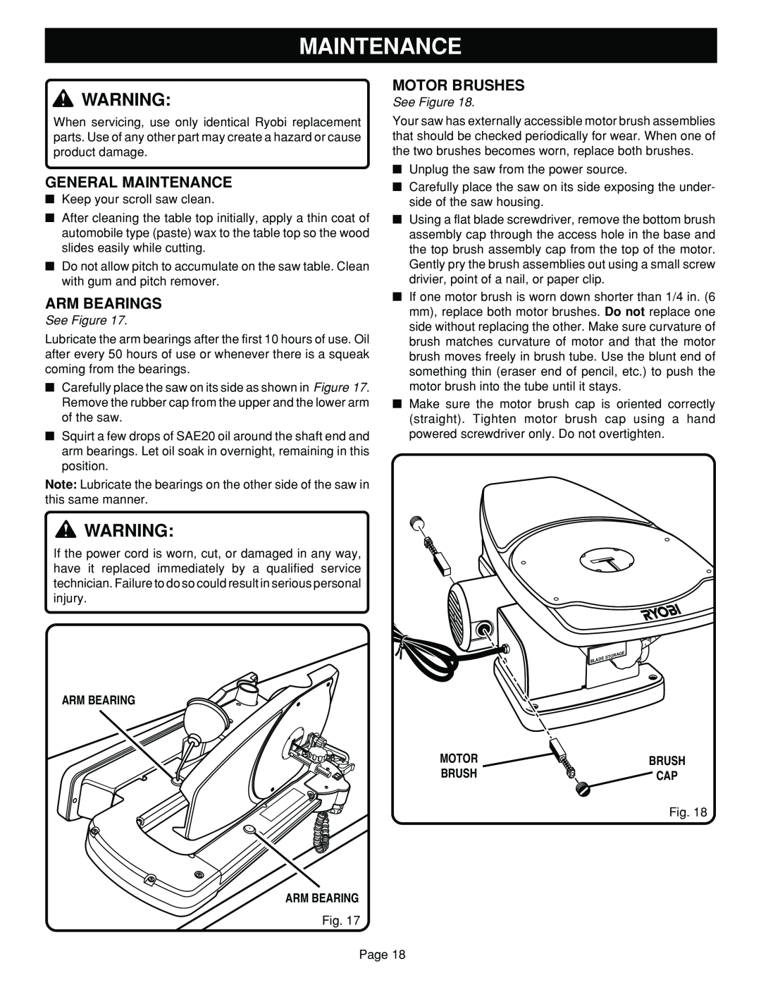 Ryobi SC180VS manual General Maintenance, Arm Bearings, Motor Brushes, See Figure 