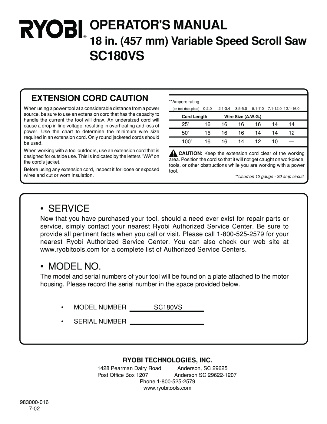 Ryobi SC180VS manual Operators Manual, Ryobi Technologies, Inc, 18 in. 457 mm Variable Speed Scroll Saw, Service, Model No 