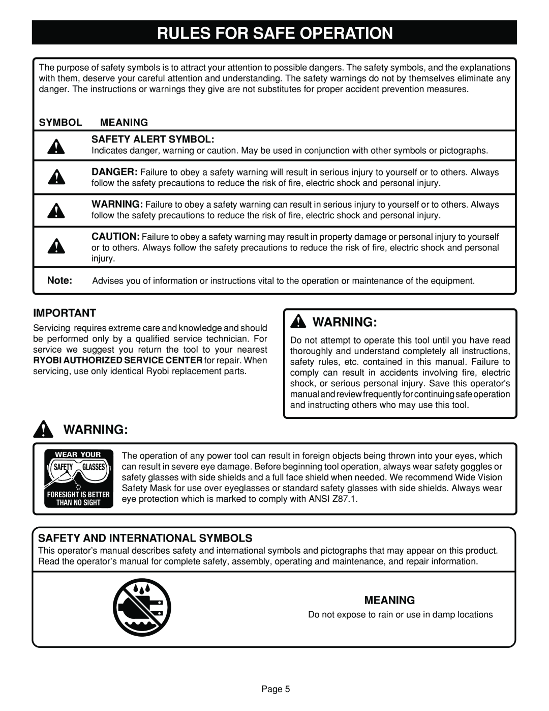 Ryobi SC180VS manual Safety And International Symbols, Symbol Meaning Safety Alert Symbol, Rules For Safe Operation 