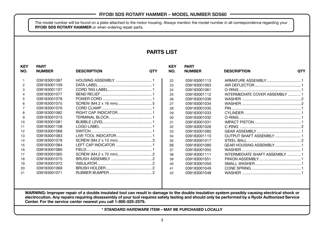 Ryobi SDS60 manual Parts List 