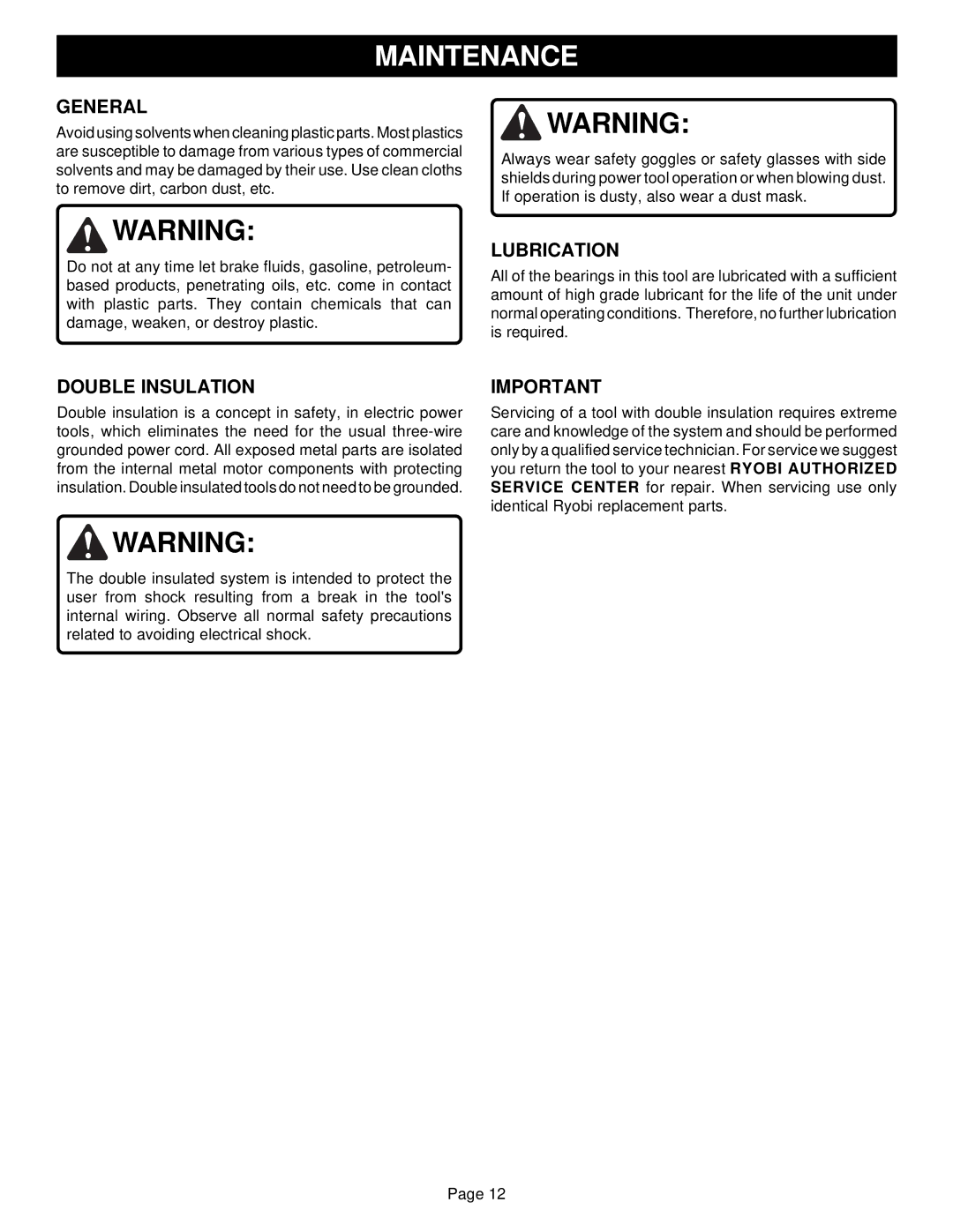 Ryobi SGL1150 specifications General, Lubrication, Double Insulation 