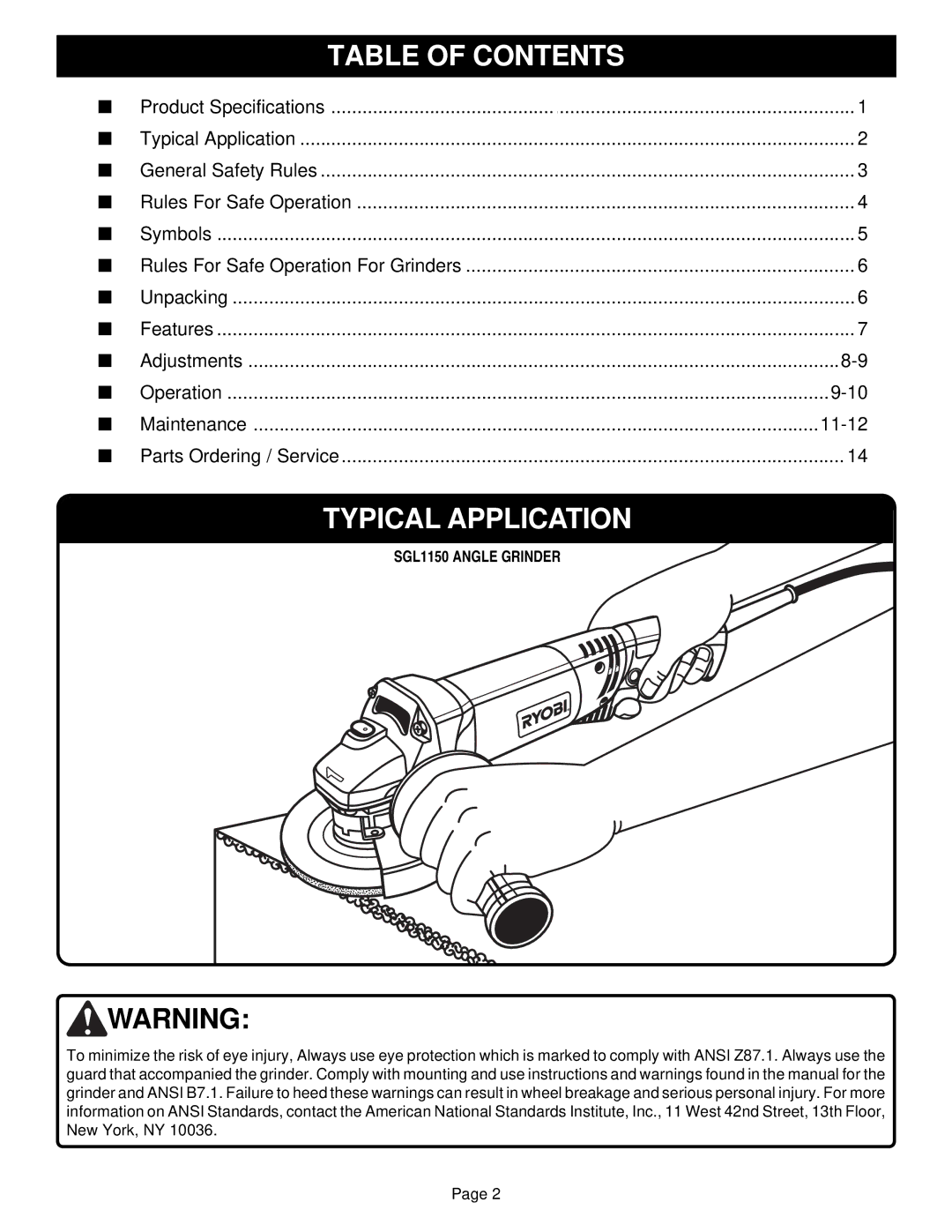 Ryobi specifications Typical Application, SGL1150 Angle Grinder 