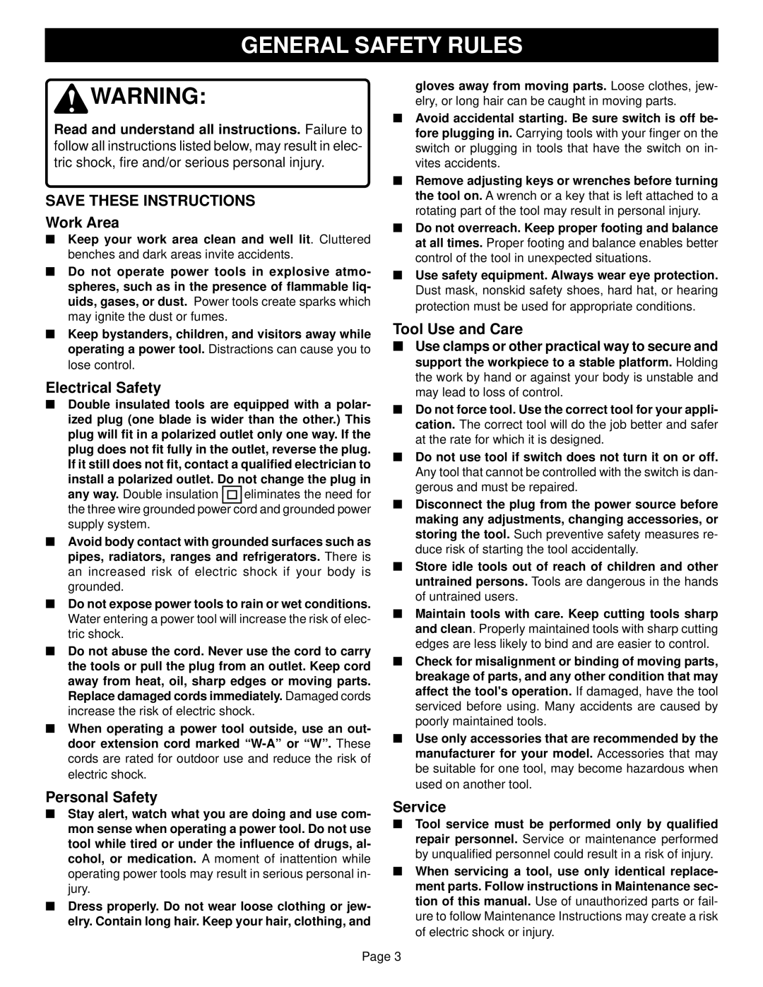 Ryobi SGL1150 specifications General Safety Rules, Work Area 