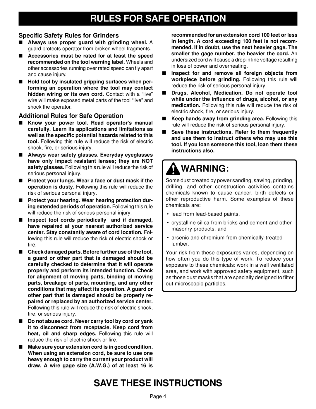 Ryobi SGL1150 specifications Rules for Safe Operation, Specific Safety Rules for Grinders 