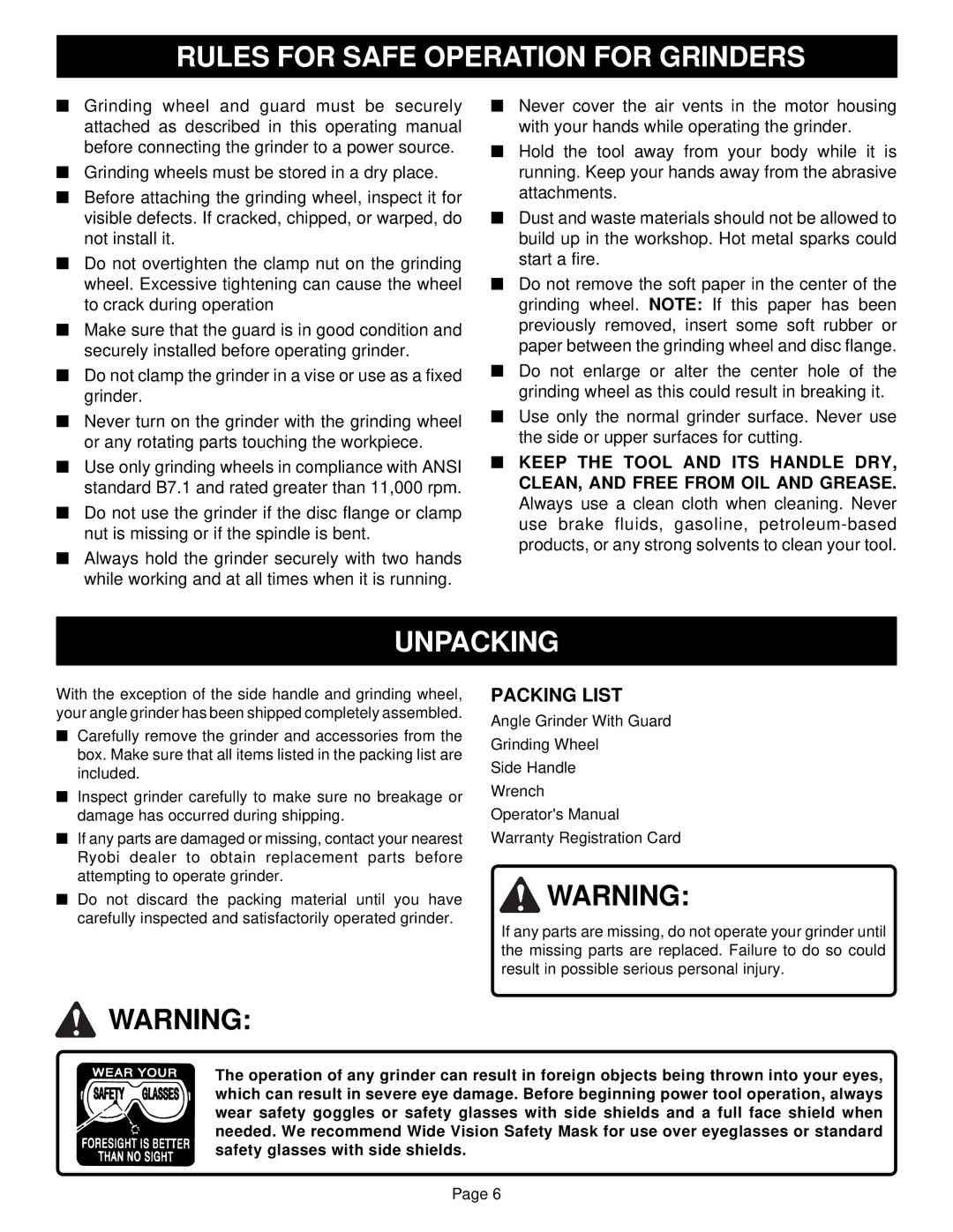 Ryobi SGL1150 specifications Rules for Safe Operation for Grinders, Unpacking, Packing List 