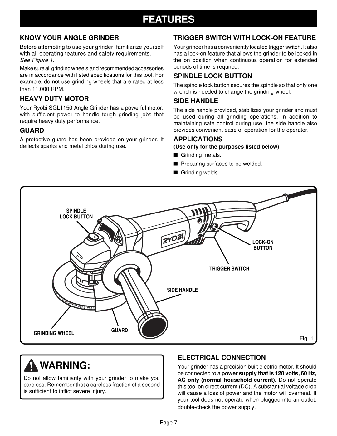 Ryobi SGL1150 Know Your Angle Grinder, Trigger Switch with LOCK-ON Feature, Spindle Lock Button, Heavy Duty Motor, Guard 