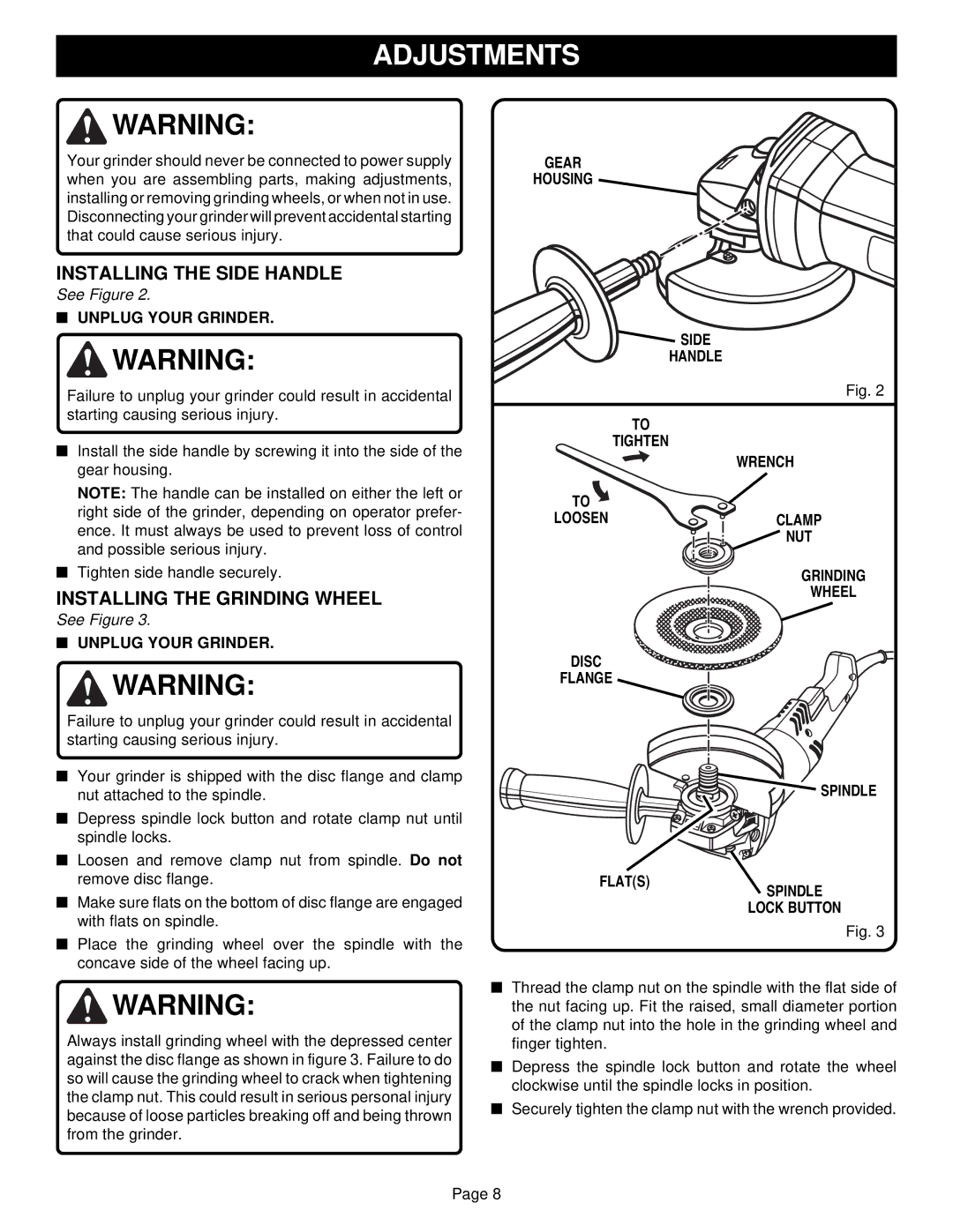 Ryobi SGL1150 specifications Adjustments, Installing the Side Handle, Installing the Grinding Wheel 