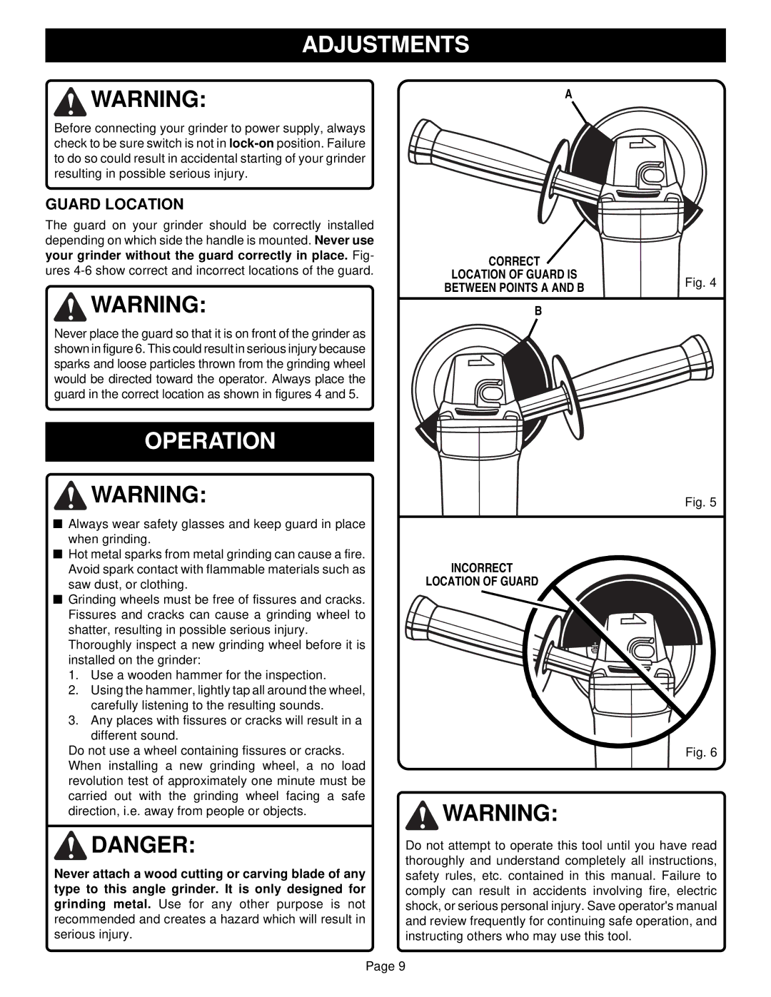 Ryobi SGL1150 specifications Operation, Guard Location, Incorrect Location of Guard 