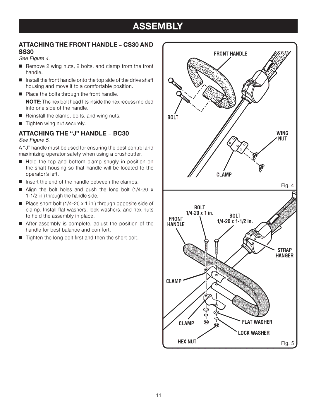 Ryobi RY30520 Attaching the Front Handle − CS30 and SS30, Attaching the J Handle − BC30, Front Handle Bolt Wing NUT Clamp 