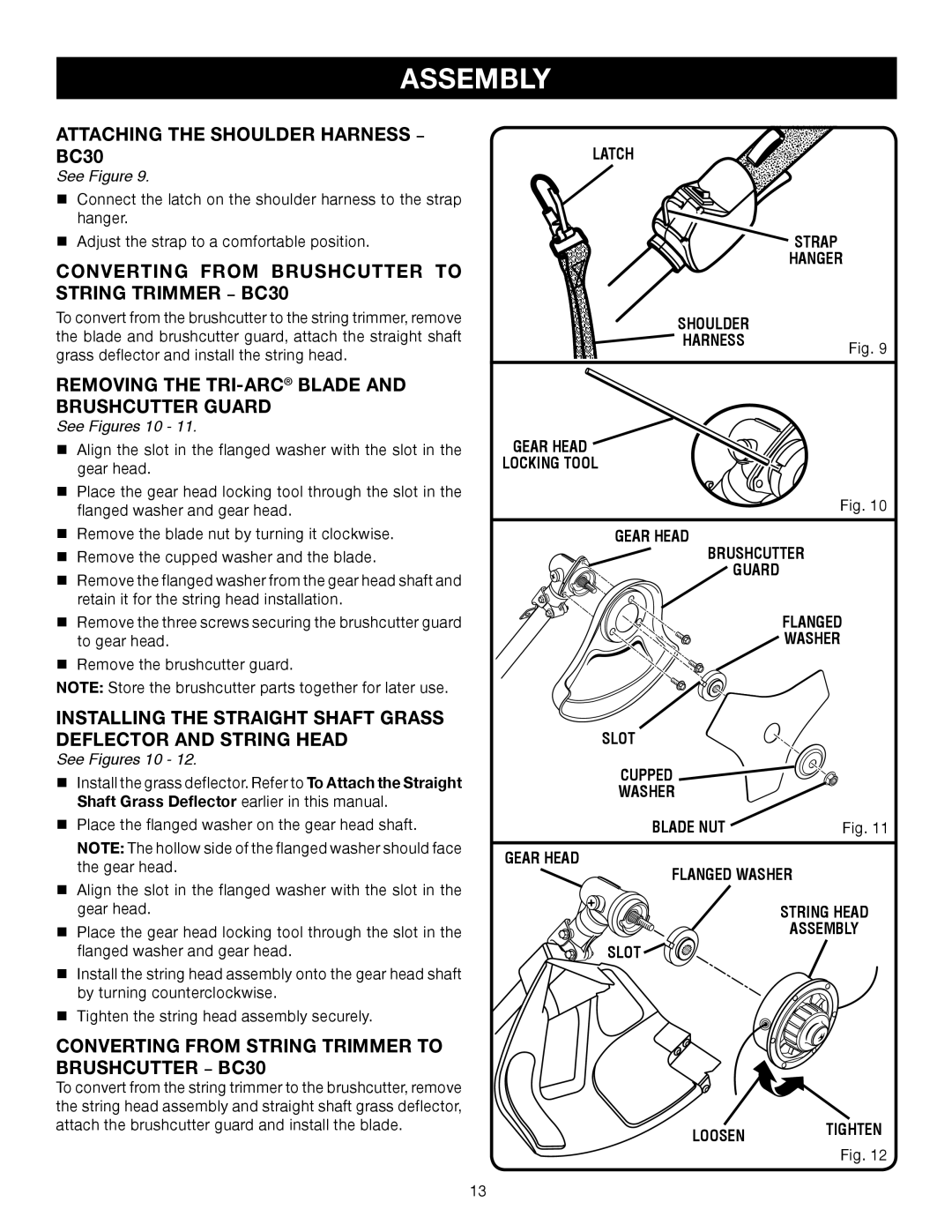 Ryobi RY30941CS30, SS30 manual Attaching the Shoulder Harness − BC30, Converting from Brushcutter to String Trimmer − BC30 