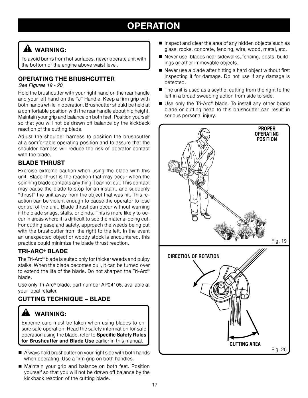 Ryobi RY30921, SS30 manual Operating the Brushcutter, Blade Thrust, Tri-Arcblade, Cutting Technique − Blade, See Figures 19 