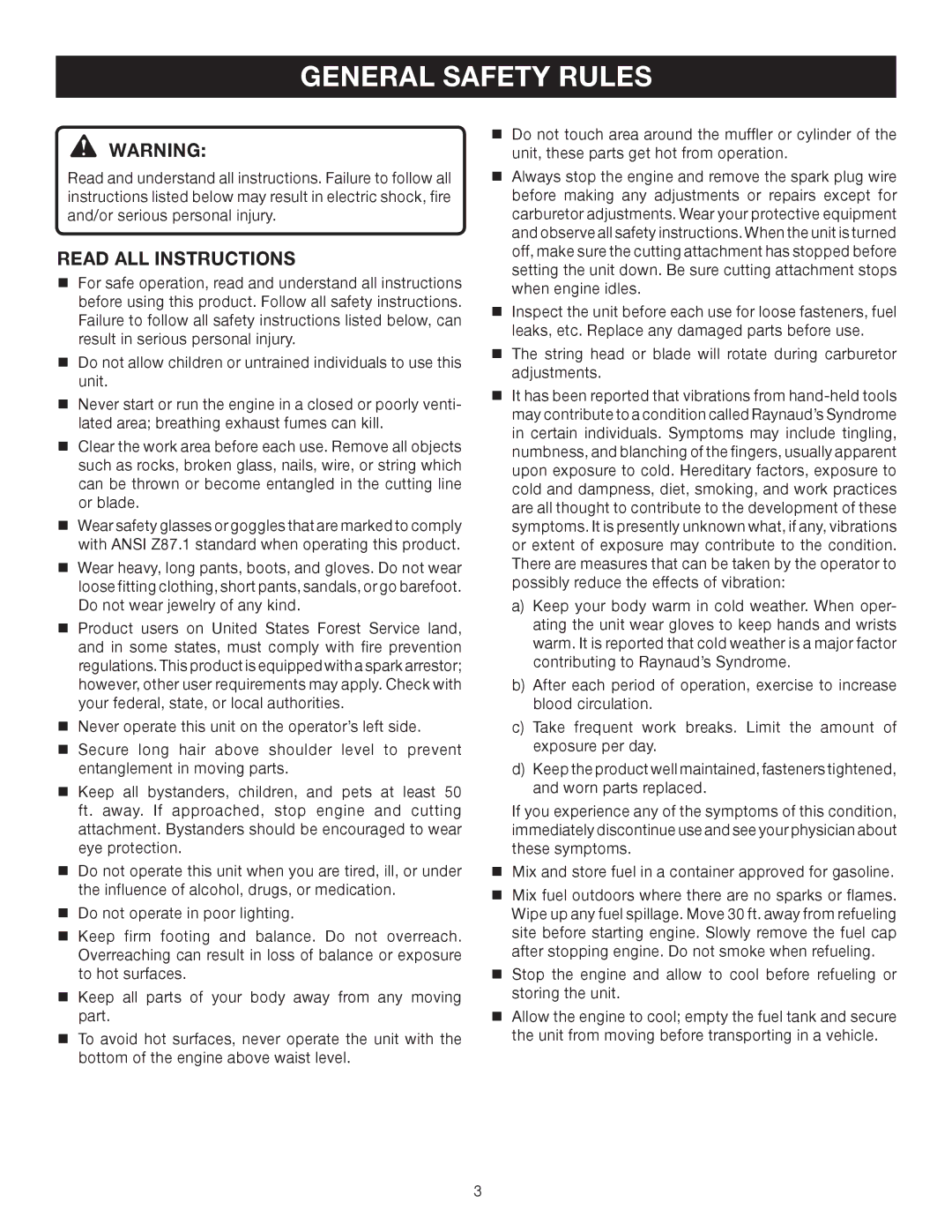 Ryobi RY30921, SS30, RY30540, RY30560, RY30520, RY30961, RY30941CS30 manual General Safety Rules, Read ALL Instructions 